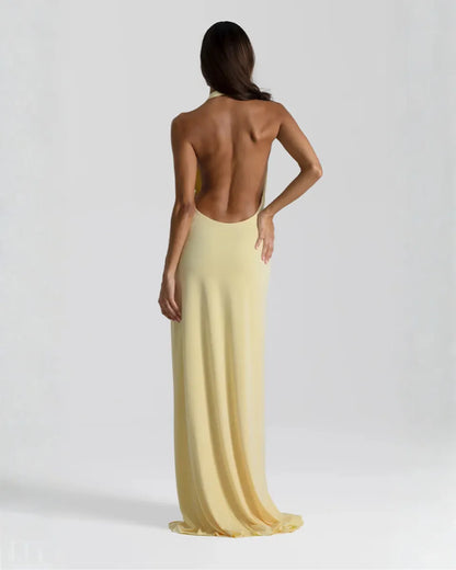 Women's Elegant Backless Maxi Wedding Guest Dress with Slit