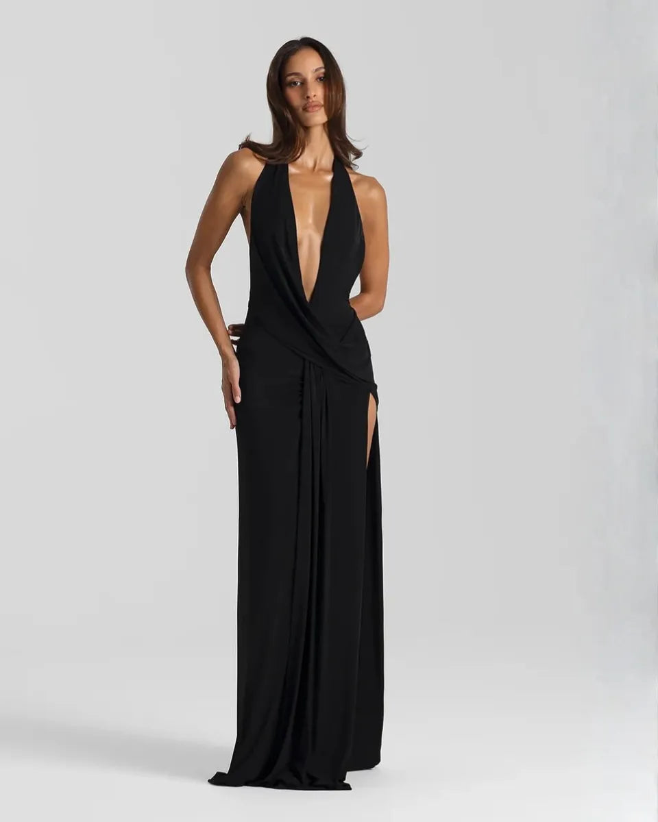 Women's Elegant Backless Maxi Wedding Guest Dress with Slit