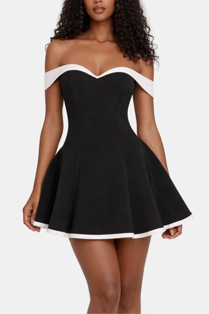 Women’s Elegant Bardot Neckline Mini Cocktail Dress with Fit and Flare