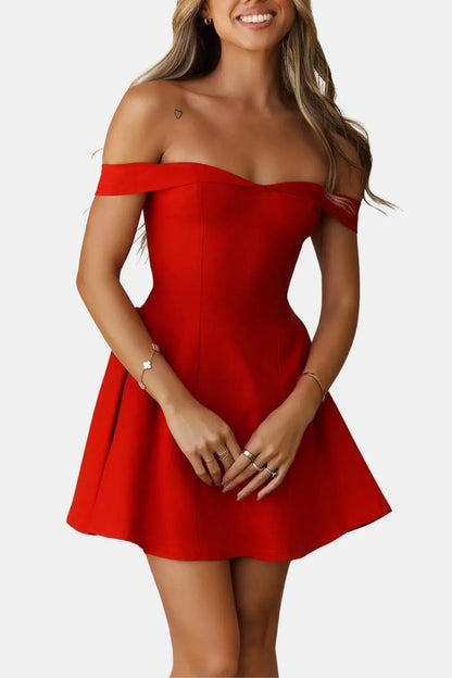 Women’s Elegant Bardot Neckline Mini Cocktail Dress with Fit and Flare