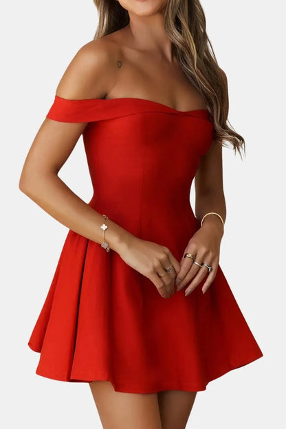 Women’s Elegant Bardot Neckline Mini Cocktail Dress with Fit and Flare