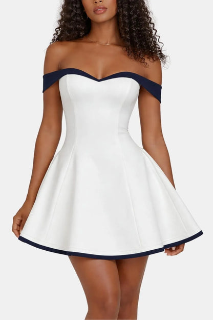 Women’s Elegant Bardot Neckline Mini Cocktail Dress with Fit and Flare