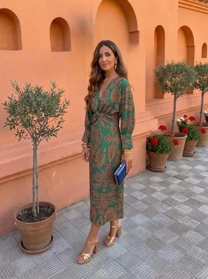 Women's Elegant Boho Midi Wedding Guest Dress with Puff Sleeve