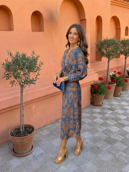Women's Elegant Boho Midi Wedding Guest Dress with Puff Sleeve