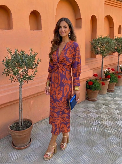 Women's Elegant Boho Midi Wedding Guest Dress with Puff Sleeve