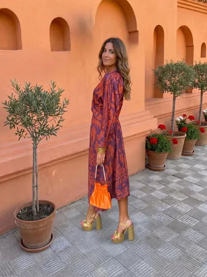 Women's Elegant Boho Midi Wedding Guest Dress with Puff Sleeve