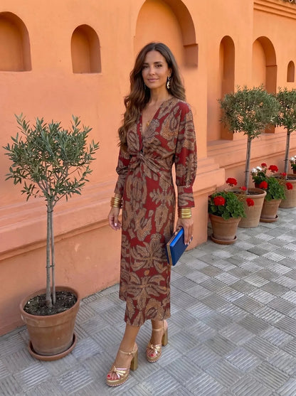 Women's Elegant Boho Midi Wedding Guest Dress with Puff Sleeve