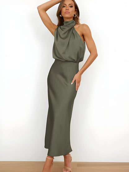 Women's Elegant Evening Maxi Wedding Guest Dress with Halter Neck