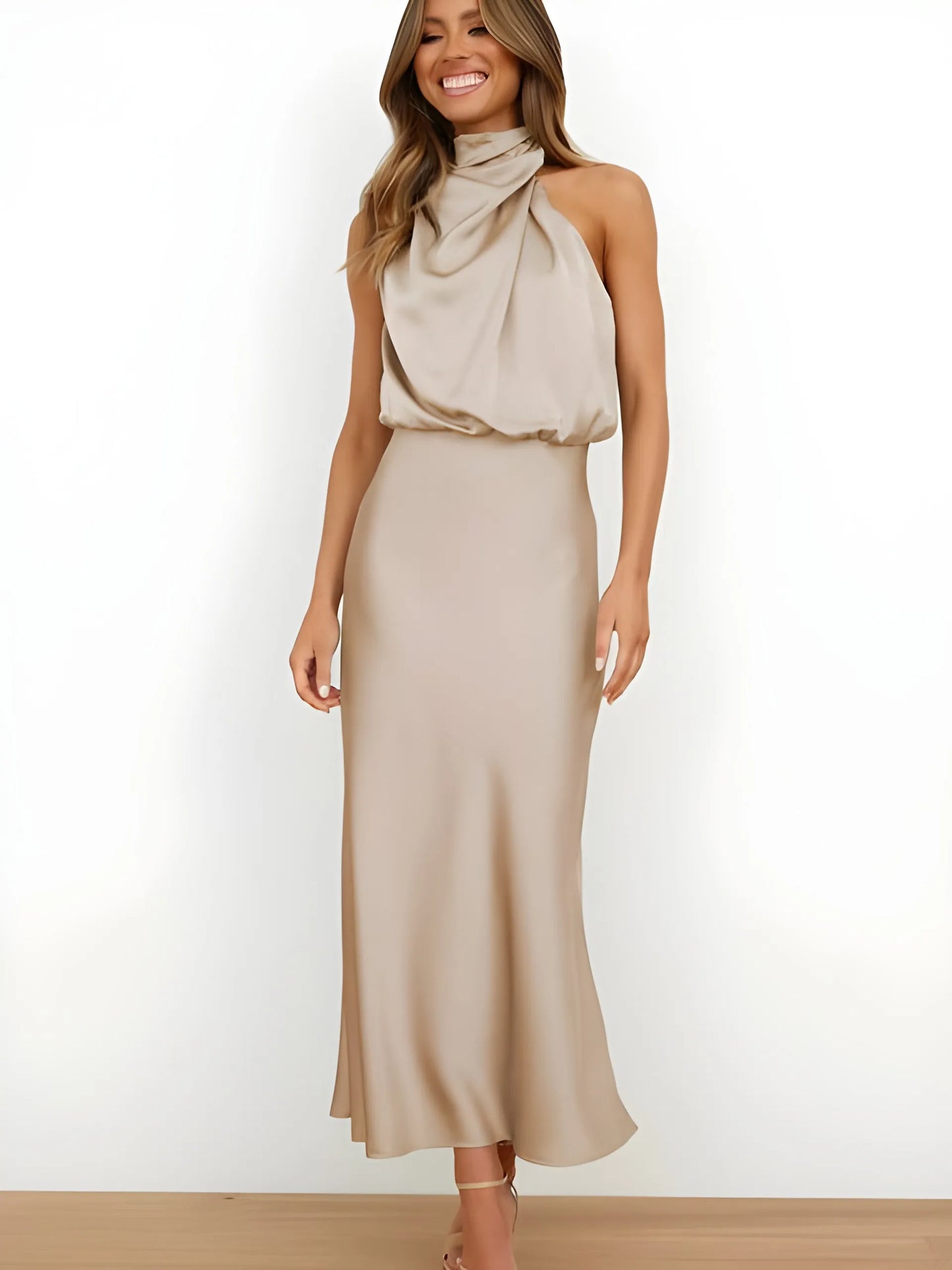 Women's Elegant Evening Maxi Wedding Guest Dress with Halter Neck