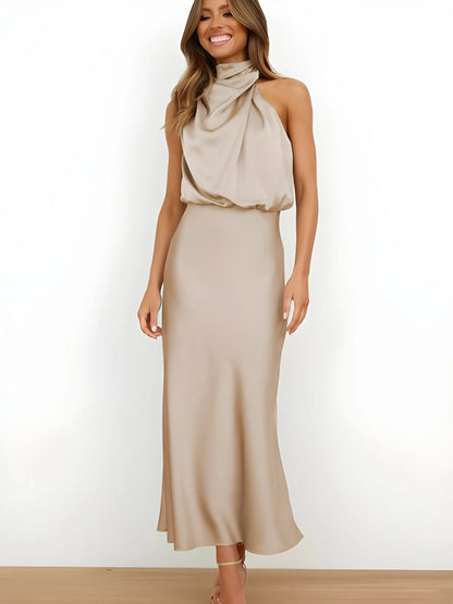 Women's Elegant Evening Maxi Wedding Guest Dress with Halter Neck