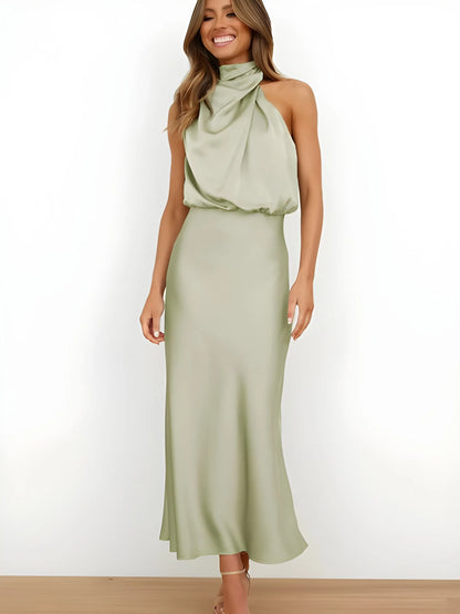 Women's Elegant Evening Maxi Wedding Guest Dress with Halter Neck