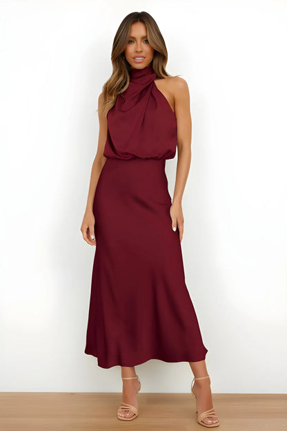 Women's Elegant Evening Maxi Wedding Guest Dress with Halter Neck