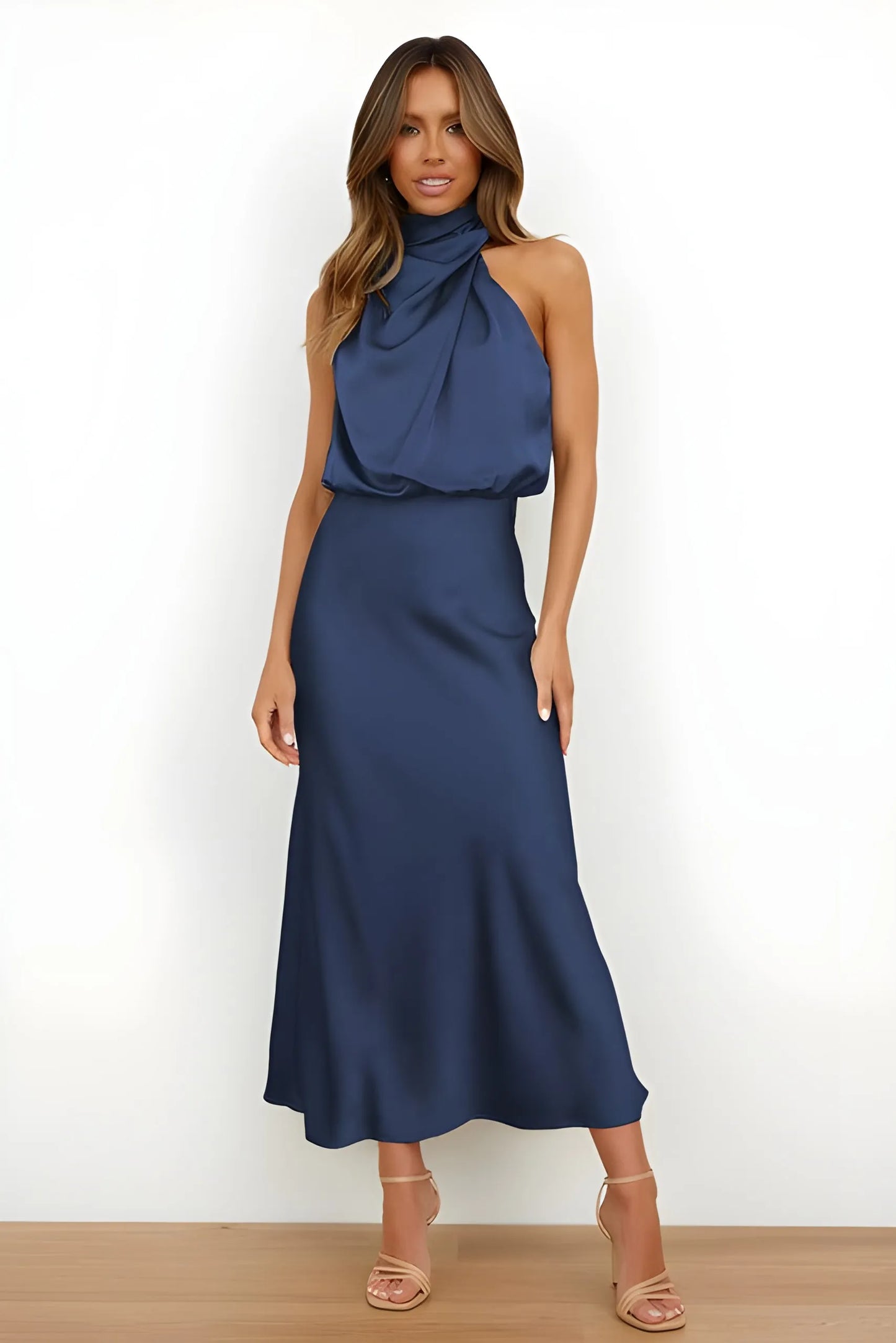 Women's Elegant Evening Maxi Wedding Guest Dress with Halter Neck