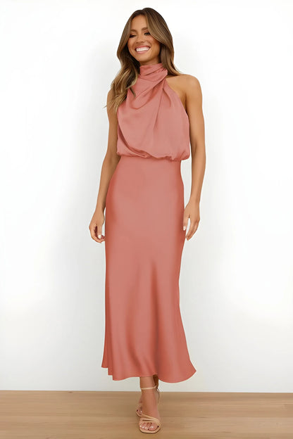 Women's Elegant Evening Maxi Wedding Guest Dress with Halter Neck