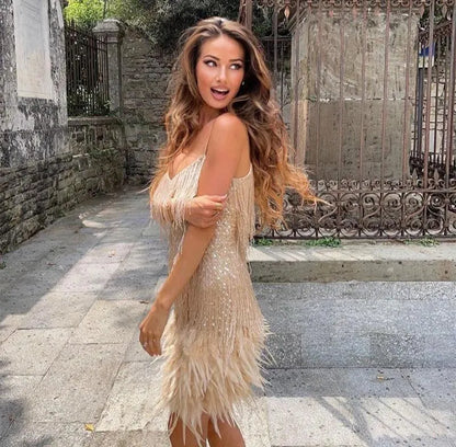 Women’s Elegant Feather Mini Cocktail Dress with Fringe