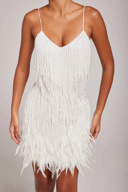 Women’s Elegant Feather Mini Cocktail Dress with Fringe