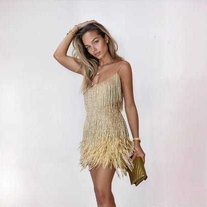 Women’s Elegant Feather Mini Cocktail Dress with Fringe