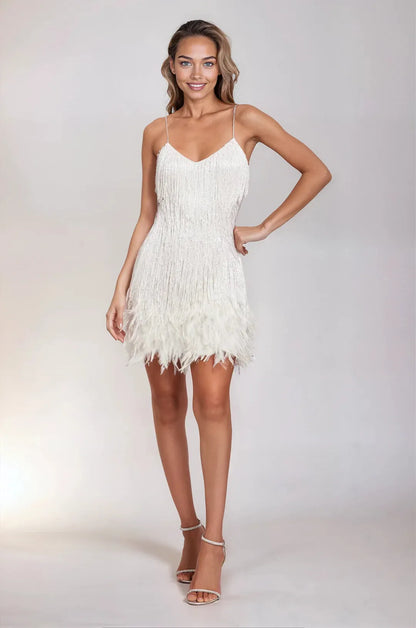 Women’s Elegant Feather Mini Cocktail Dress with Fringe
