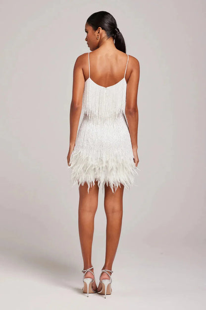 Women’s Elegant Feather Mini Cocktail Dress with Fringe