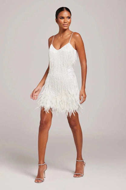 Women’s Elegant Feather Mini Cocktail Dress with Fringe