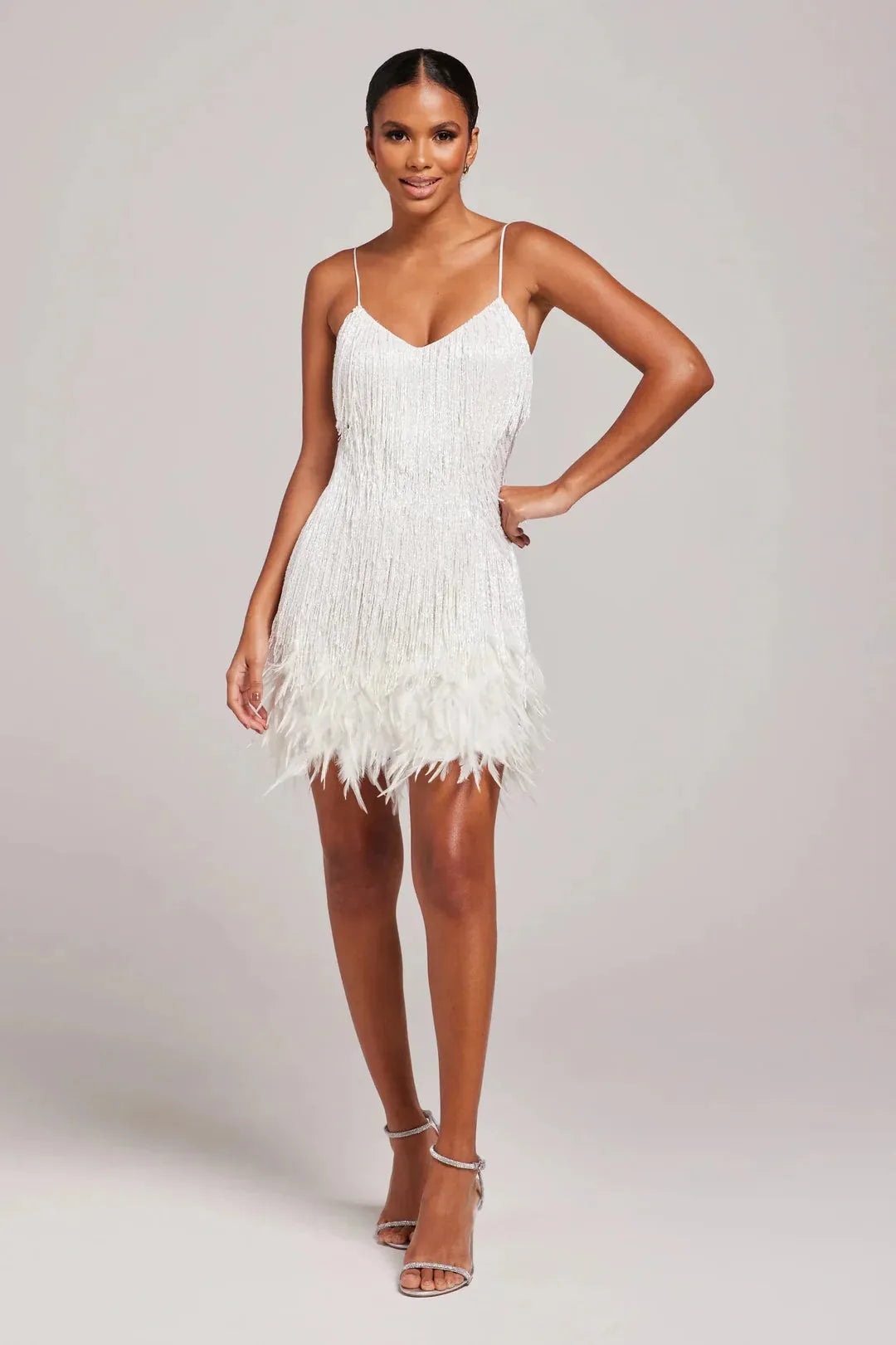 Women’s Elegant Feather Mini Cocktail Dress with Fringe