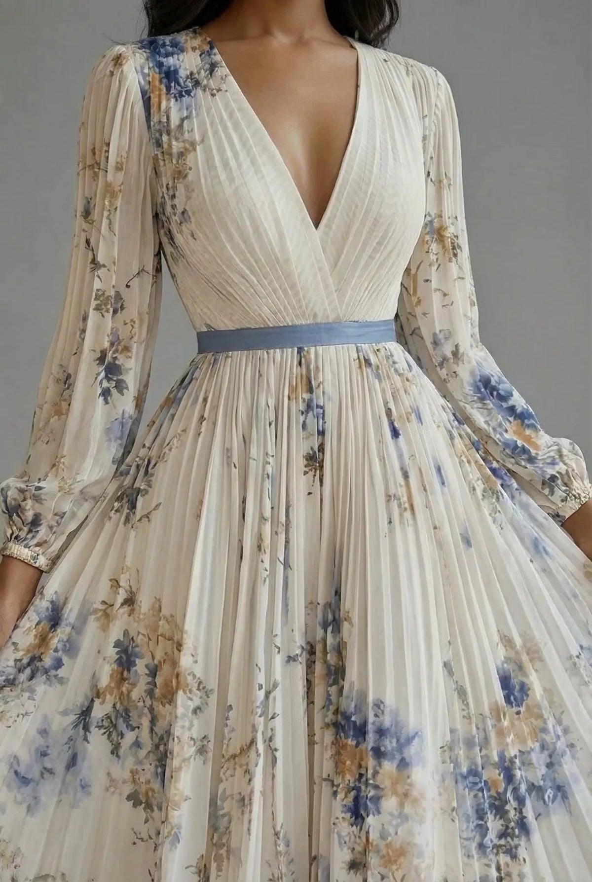 Women’s Elegant Floral Maxi Wedding Guest Dress with Long Sleeves
