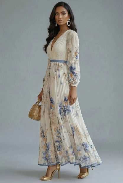 Women’s Elegant Floral Maxi Wedding Guest Dress with Long Sleeves