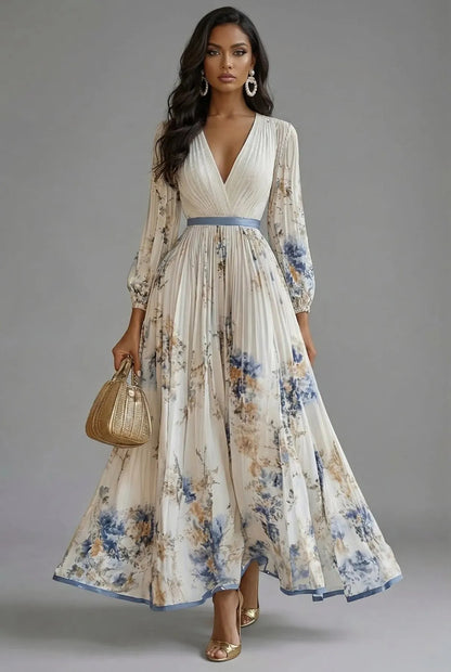 Women’s Elegant Floral Maxi Wedding Guest Dress with Long Sleeves