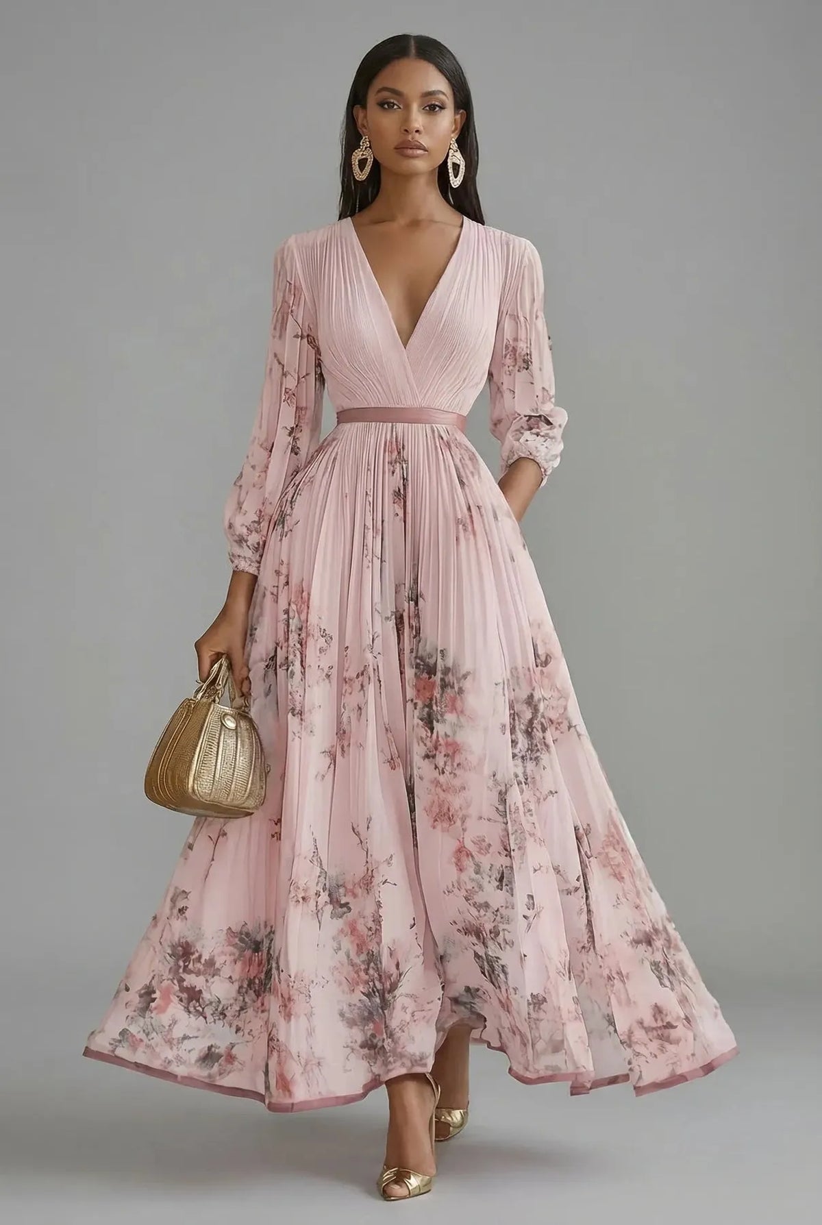 Women’s Elegant Floral Maxi Wedding Guest Dress with Long Sleeves