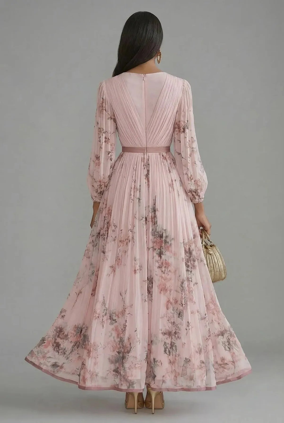 Women’s Elegant Floral Maxi Wedding Guest Dress with Long Sleeves