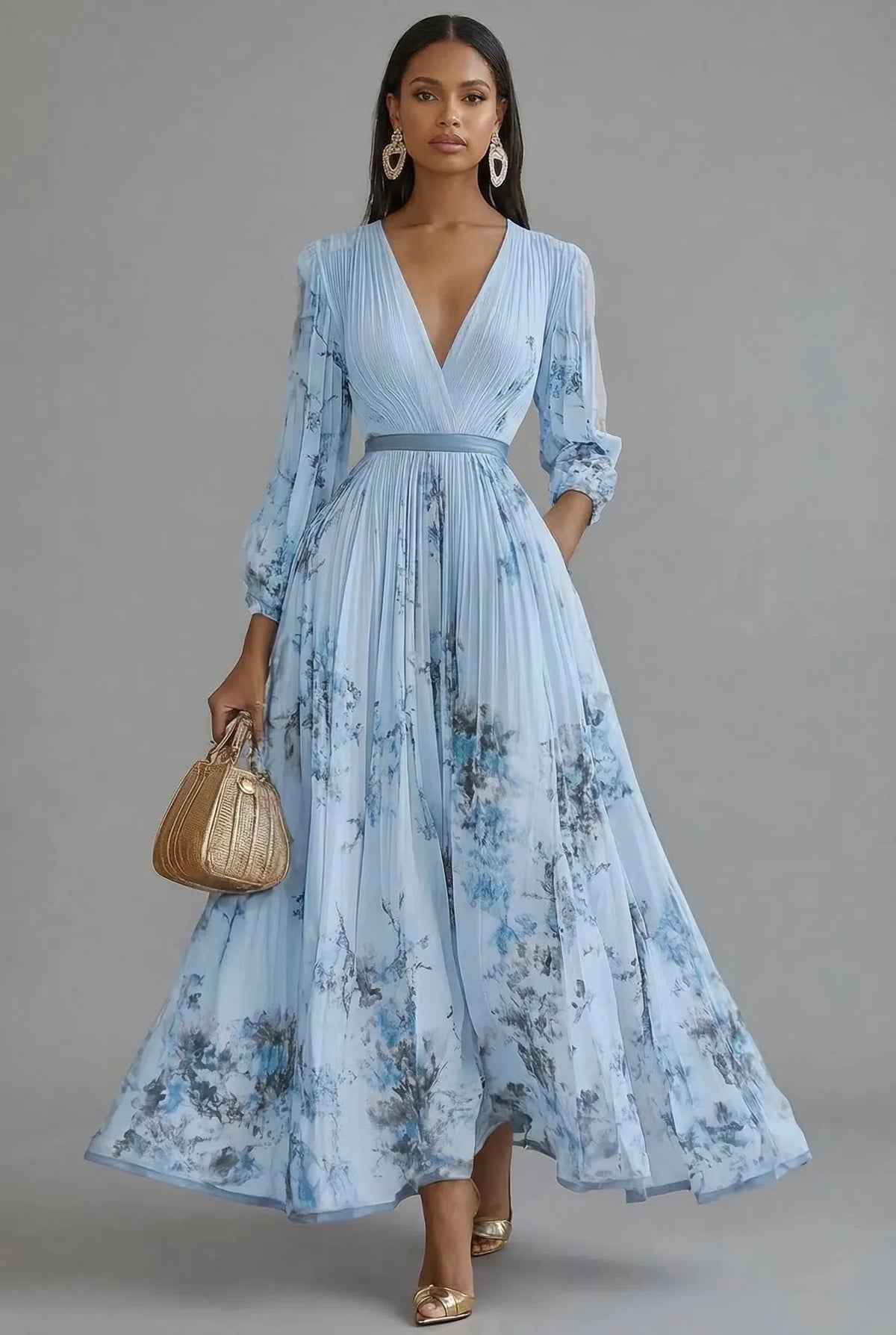 Women’s Elegant Floral Maxi Wedding Guest Dress with Long Sleeves