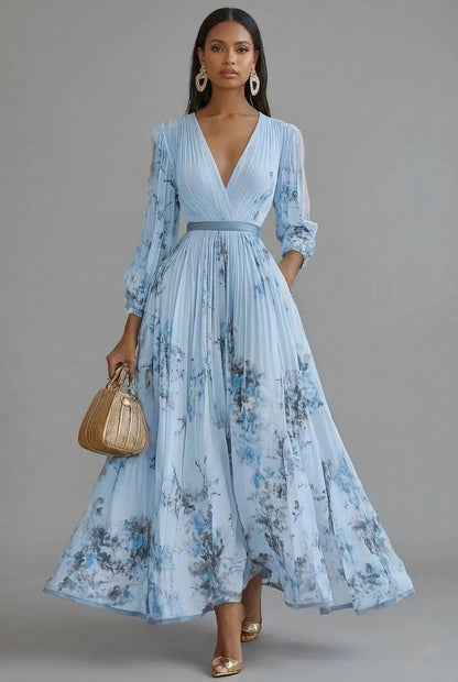 Women’s Elegant Floral Maxi Wedding Guest Dress with Long Sleeves
