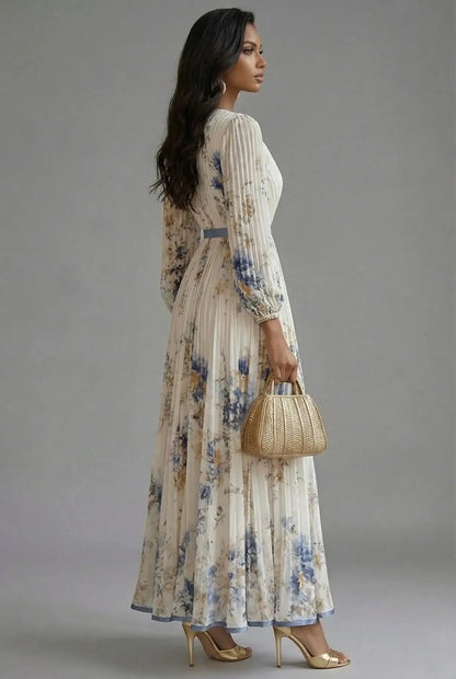 Women’s Elegant Floral Maxi Wedding Guest Dress with Long Sleeves