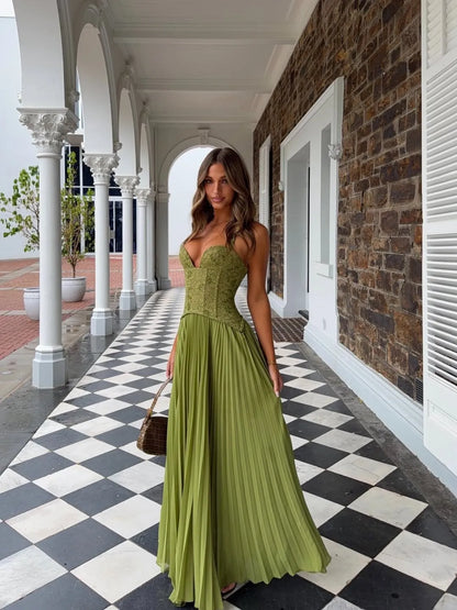 Women’s Elegant Floral Maxi Wedding Guest Dress with Pleated Skirt