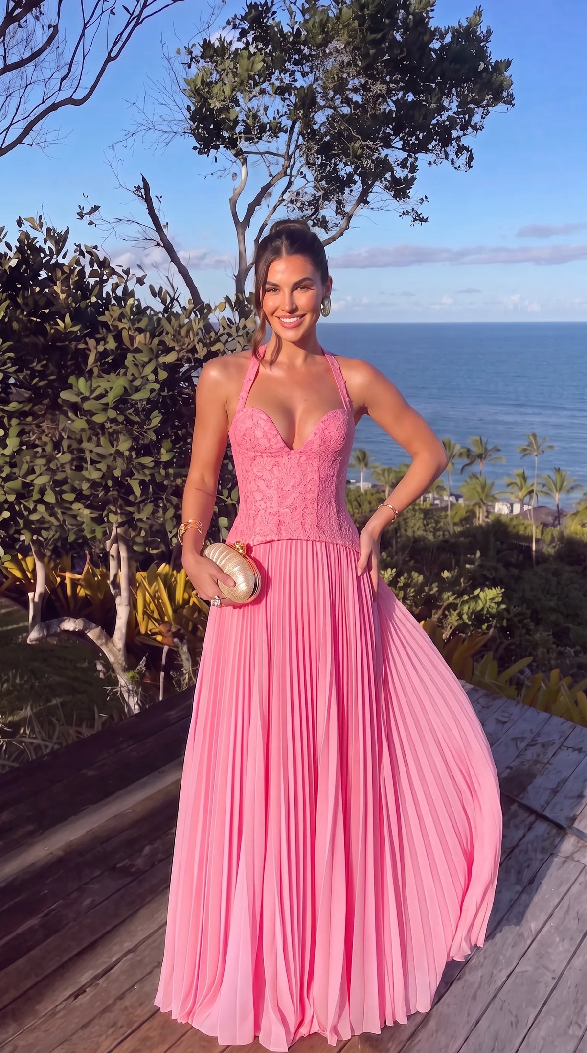 Women’s Elegant Floral Maxi Wedding Guest Dress with Pleated Skirt