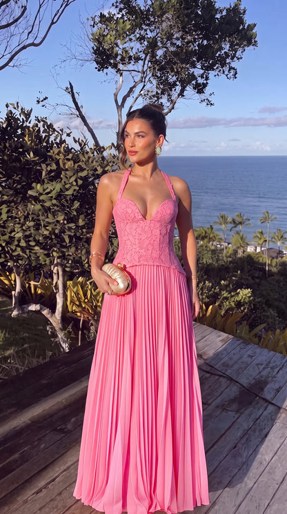 Women’s Elegant Floral Maxi Wedding Guest Dress with Pleated Skirt