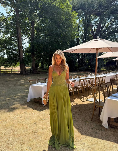 Women’s Elegant Floral Maxi Wedding Guest Dress with Pleated Skirt