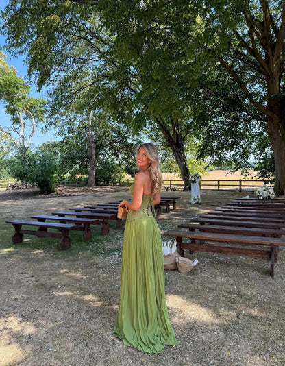 Women’s Elegant Floral Maxi Wedding Guest Dress with Pleated Skirt