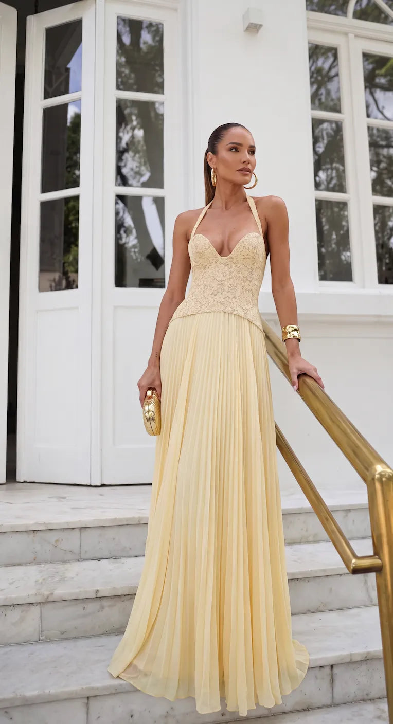 Women’s Elegant Floral Maxi Wedding Guest Dress with Pleated Skirt