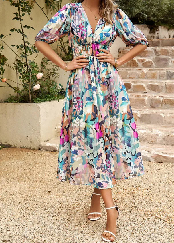 Women's Elegant Floral Midi Summer Dress with V-Neck