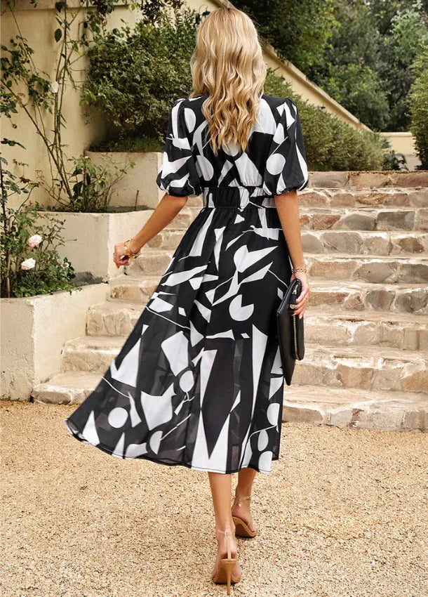 Women's Elegant Floral Midi Summer Dress with V-Neck