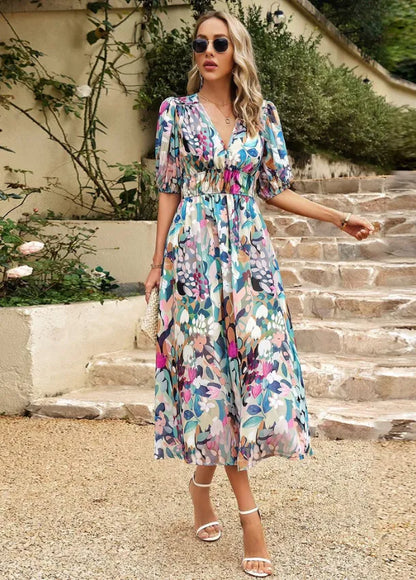 Women's Elegant Floral Midi Summer Dress with V-Neck