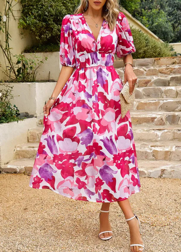 Women's Elegant Floral Midi Summer Dress with V-Neck