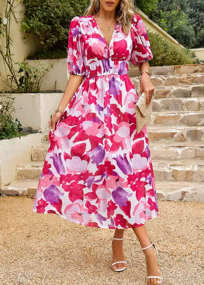 Women's Elegant Floral Midi Summer Dress with V-Neck