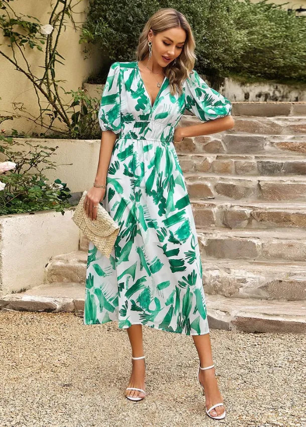Women's Elegant Floral Midi Summer Dress with V-Neck