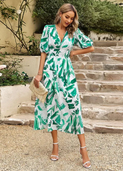 Women's Elegant Floral Midi Summer Dress with V-Neck