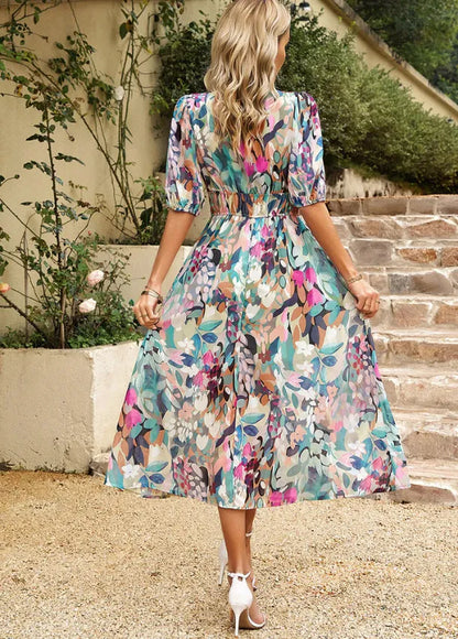 Women's Elegant Floral Midi Summer Dress with V-Neck