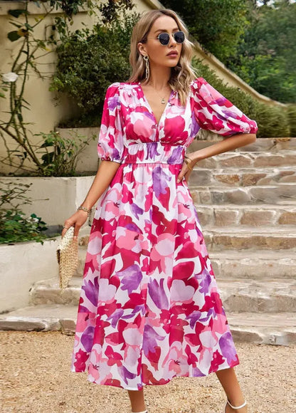 Women's Elegant Floral Midi Summer Dress with V-Neck