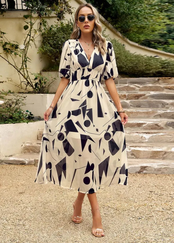 Women's Elegant Floral Midi Summer Dress with V-Neck