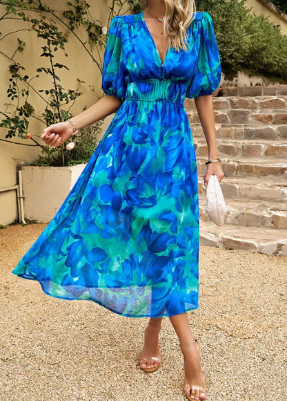 Women's Elegant Floral Midi Summer Dress with V-Neck